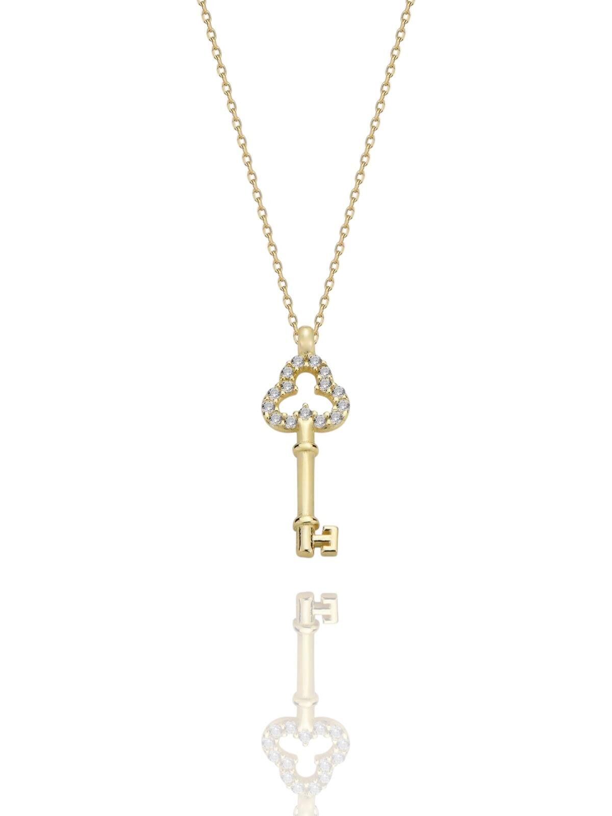 Minik Anahtar Yonca Başlı Çok Şık 14 Ayar Altın Kolye