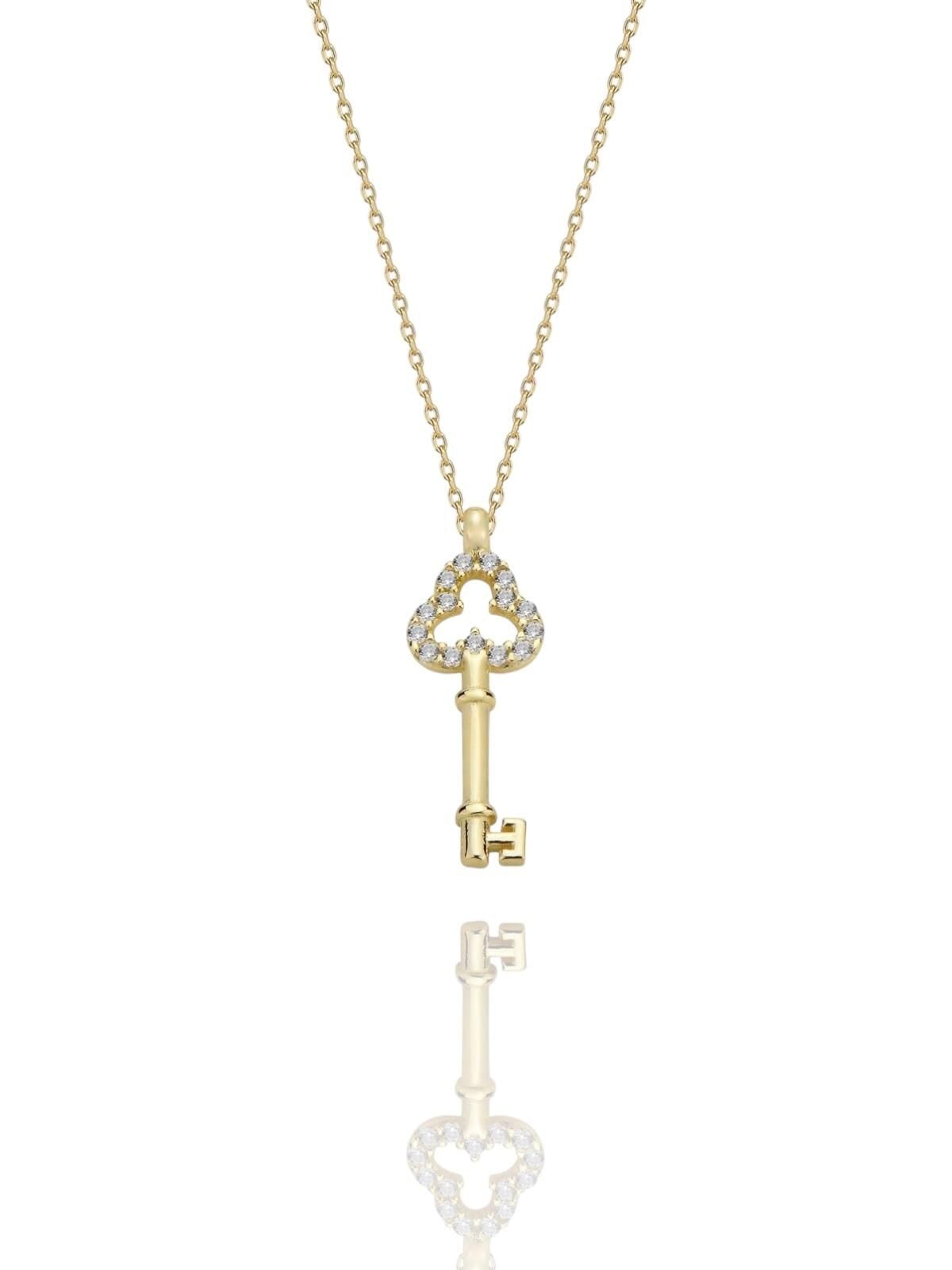 Minik Anahtar Yonca Başlı Çok Şık 14 Ayar Altın Kolye