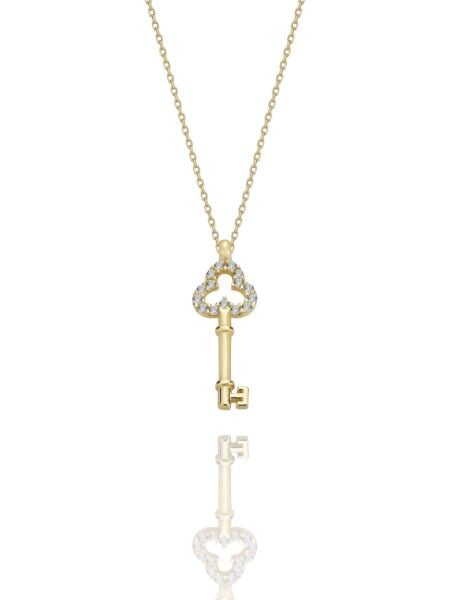 Minik Anahtar Yonca Başlı Çok Şık 14 Ayar Altın Kolye