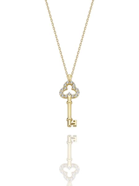 Minik Anahtar Yonca Başlı Çok Şık 14 Ayar Altın Kolye