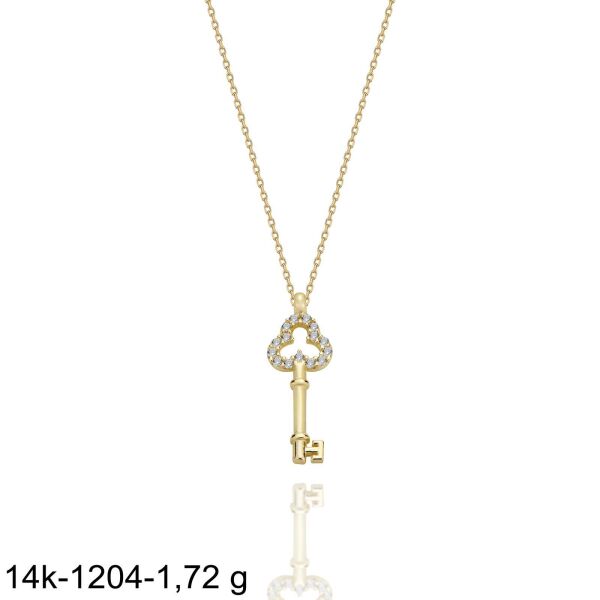 Minik Anahtar Yonca Başlı Çok Şık 14 Ayar Altın Kolye