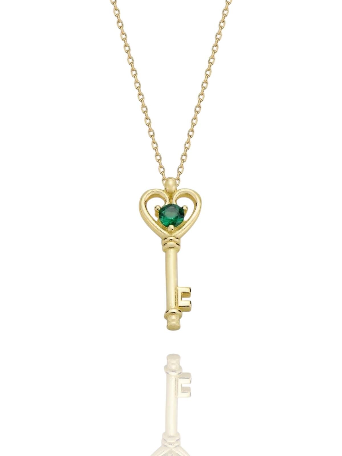 Anahtar Minik Zümrüt Taşlı  Çok Şık 14 Ayar Altın Kolye
