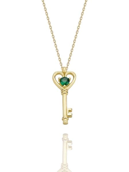 Anahtar Minik Zümrüt Taşlı  Çok Şık 14 Ayar Altın Kolye