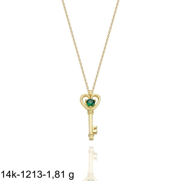 Anahtar Minik Zümrüt Taşlı  Çok Şık 14 Ayar Altın Kolye