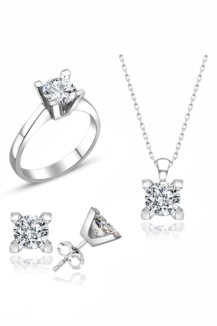 Sertifikalı Swarovski Altın Montür Tektaş 925 Gümüş Set Takım
