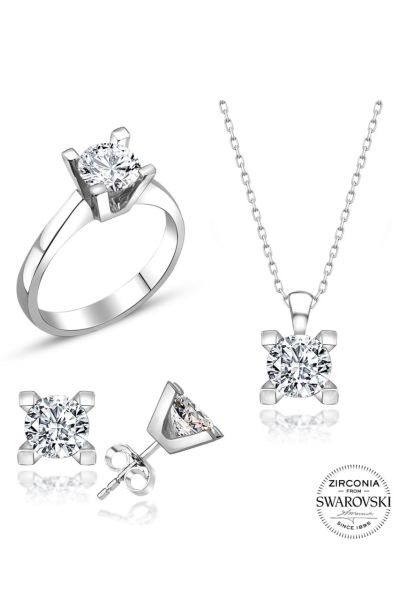 Sertifikalı Swarovski Altın Montür Tektaş 925 Gümüş Set Takım