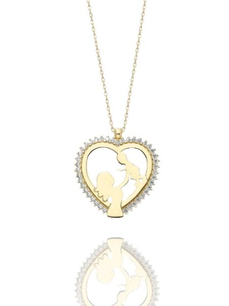 Yenidoğan Anne Bebek Kalp İçinde Çok Şık 14 Ayar Altın Kolye