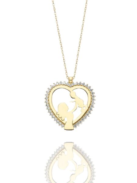 Yenidoğan Anne Bebek Kalp İçinde Çok Şık 14 Ayar Altın Kolye