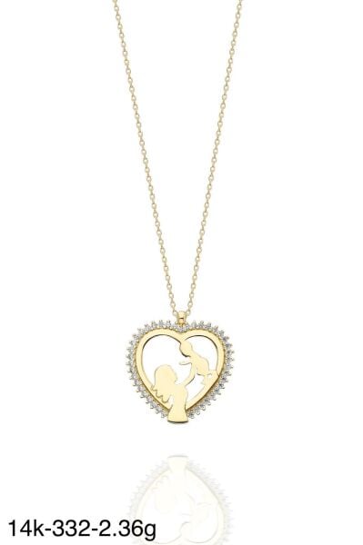 Yenidoğan Anne Bebek Kalp İçinde Çok Şık 14 Ayar Altın Kolye