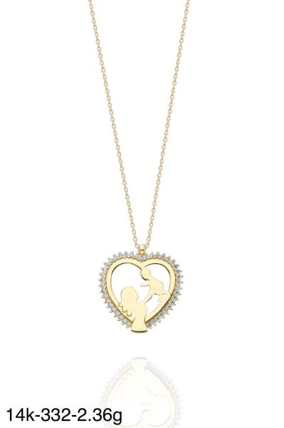 Yenidoğan Anne Bebek Kalp İçinde Çok Şık 14 Ayar Altın Kolye