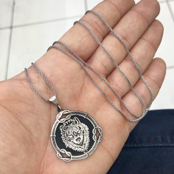 Etna Türk Yazılı Bozkurt Kurt Başlı Gümüş Kolye Zincir