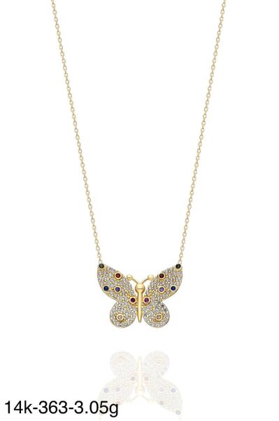 Renkli Kelebek Çok Şık Günlük Kullanım 14 Ayar Altın Kolye