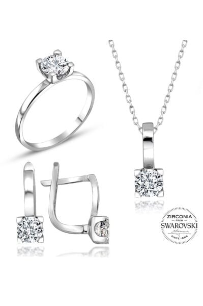 Sertifikalı Swarovski Tektaş Taşlı 925 Gümüş Set Takım