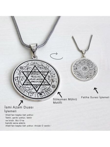 Mührü Süleyman Davut Yıldızı Fatiha Suresi Madalyon 925 Gümüş Kolye