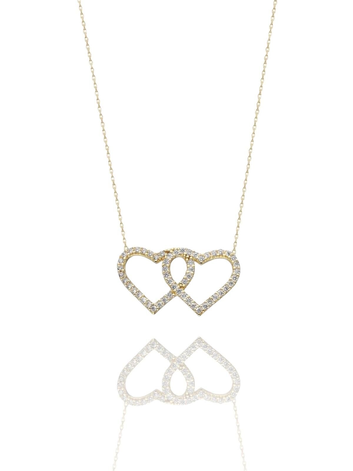 Çift İki Kalp Yan Yana Çok Şık 14 Ayar Altın Kolye