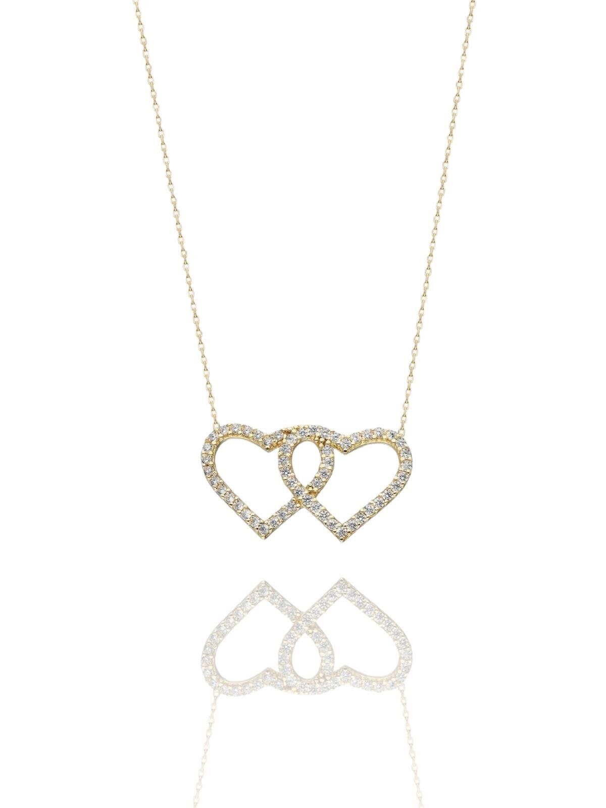 Çift İki Kalp Yan Yana Çok Şık 14 Ayar Altın Kolye