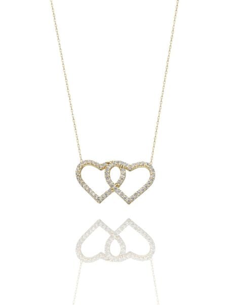 Çift İki Kalp Yan Yana Çok Şık 14 Ayar Altın Kolye