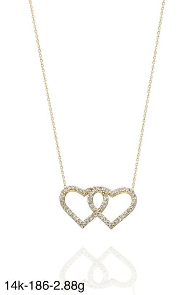 Çift İki Kalp Yan Yana Çok Şık 14 Ayar Altın Kolye