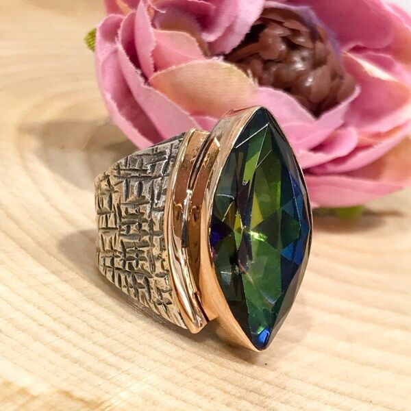 Mistik Topaz Taş Mekik El Üretim Gümüş Otantik Yüzük