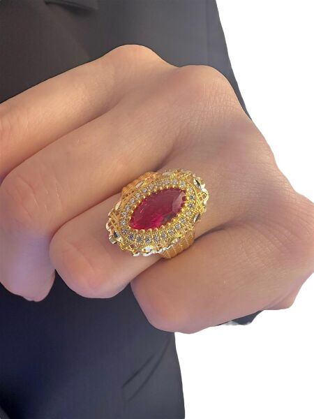 Yakut Taş Telkari İşleme Maraş Usulü Mekik 8 Ayar Altın Yüzük