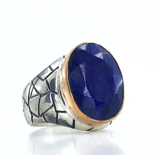 Özel Seri El İşçiliği Doğal Safir Taş Gümüş Erkek Yüzük