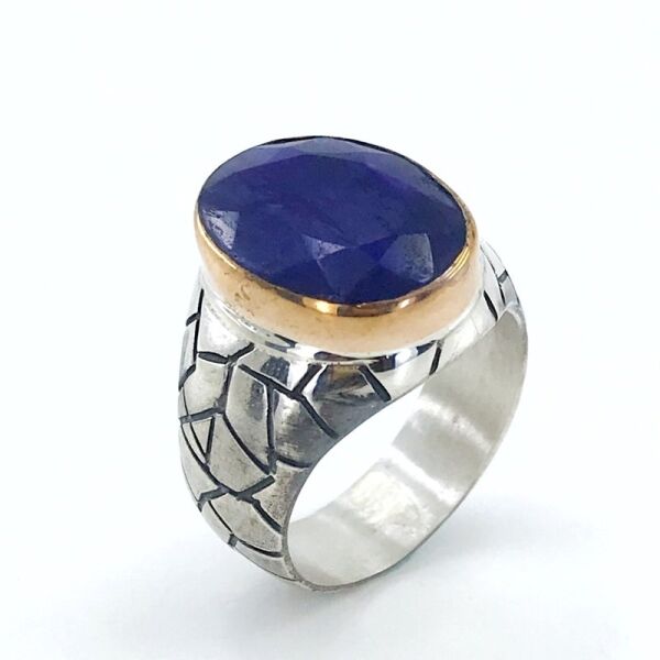 Özel Seri El İşçiliği Doğal Safir Taş Gümüş Erkek Yüzük