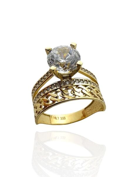 Tek taş Gurmet Model Alyans İkili Kombin Günlük 8 Ayar Altın Yüzük