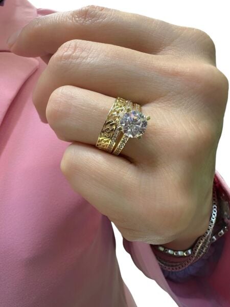 Tek taş Gurmet Model Alyans İkili Kombin Günlük 8 Ayar Altın Yüzük