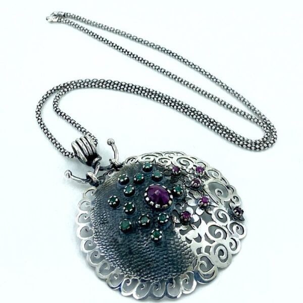 Gerçek Yakut Zümrüt Taş Osmanlı Modeli Madalyon Gümüş Kolye