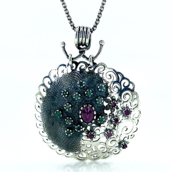 Gerçek Yakut Zümrüt Taş Osmanlı Modeli Madalyon Gümüş Kolye