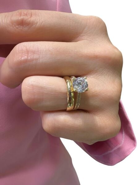 Tektaş Düz Bombe Alyans İkili Kombin Günlük 8 Ayar Altın Yüzük