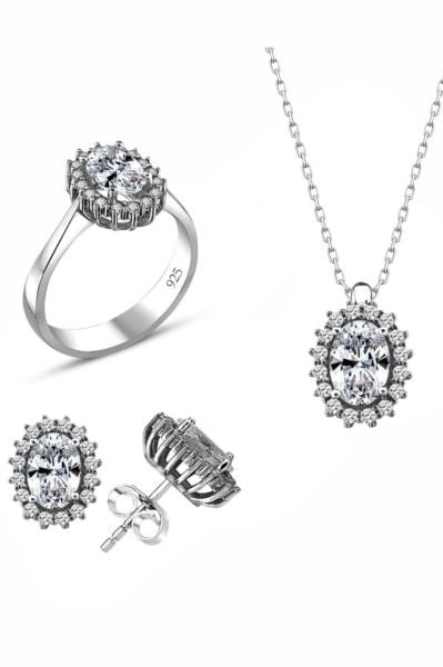 Sertifikalı Swarovski Oval Kesim Tek Taş 925 Gümüş Set