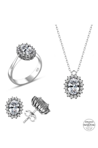 Sertifikalı Swarovski Oval Kesim Tek Taş 925 Gümüş Set
