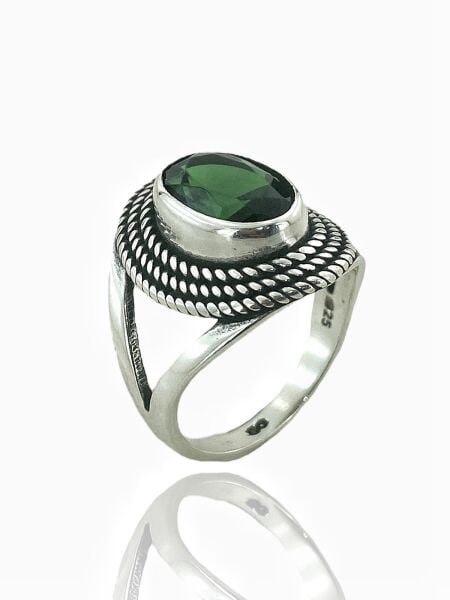 925 Ayar Gümüş Oval Zümrüt Otantik Üst Kalite Kadın Yüzük
