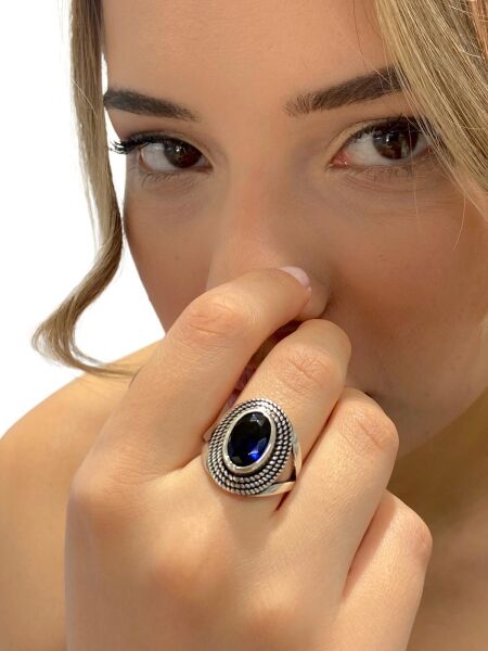 925 Ayar Gümüş Oval Safir Otantik Üst Kalite Kadın Yüzük