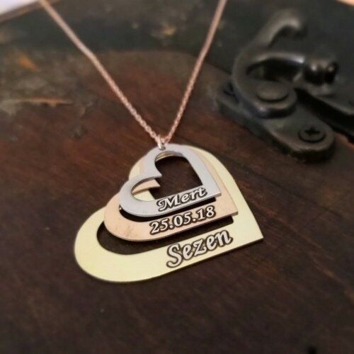 Kişiye Özel 3 Kalpli İsimli Tarihli Aile Kolyesi Gümüş Kolye