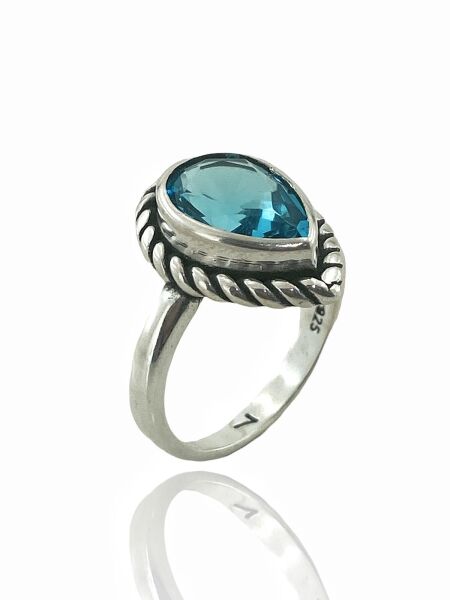925 Ayar Damla Aquamarine Otantik Üst Kalite Gümüş Yüzük