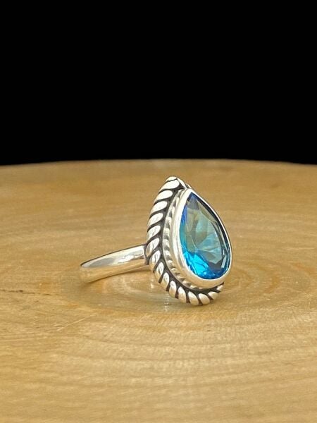 925 Ayar Damla Aquamarine Otantik Üst Kalite Gümüş Yüzük