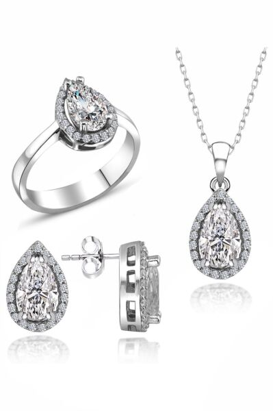 Sertifikalı Swarovski Damla Taşlı Tek Taş 925 Gümüş Set