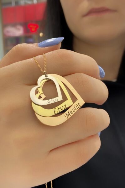 3 Kalp İsimli Üç Renk Aile Kolyesi 925 Gümüş Kolye