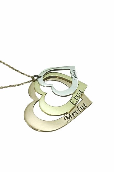 3 Kalp İsimli Üç Renk Aile Kolyesi 925 Gümüş Kolye