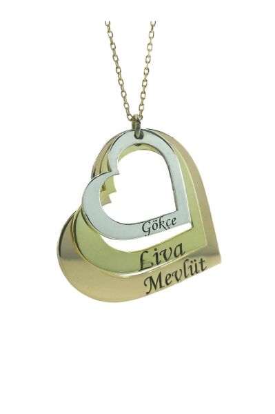 3 Kalp İsimli Üç Renk Aile Kolyesi 925 Gümüş Kolye