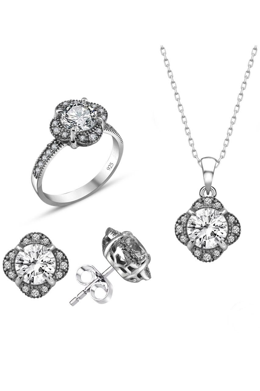Sertifikalı Swarovski Tektaş Gül Modeli 925 Gümüş Set