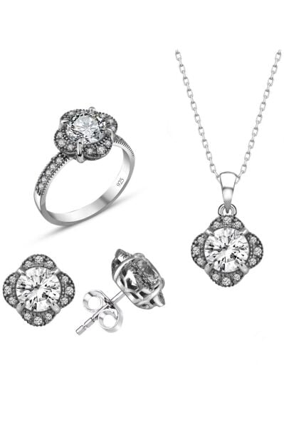 Sertifikalı Swarovski Tektaş Gül Modeli 925 Gümüş Set