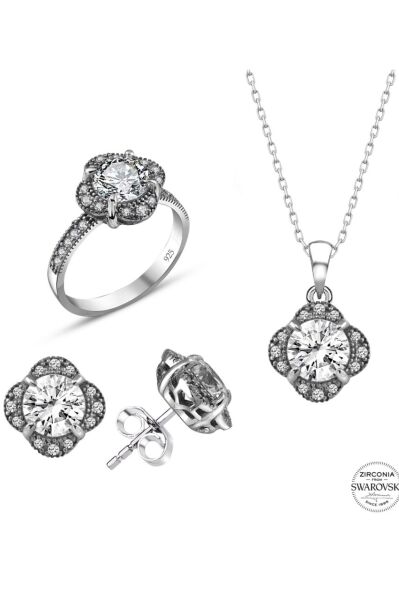 Sertifikalı Swarovski Tektaş Gül Modeli 925 Gümüş Set