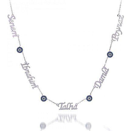 5 Beş İsimli Nazar Göz Boncuklu Gümüş Aile Kolyesi