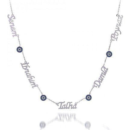 5 Beş İsimli Nazar Göz Boncuklu Gümüş Aile Kolyesi