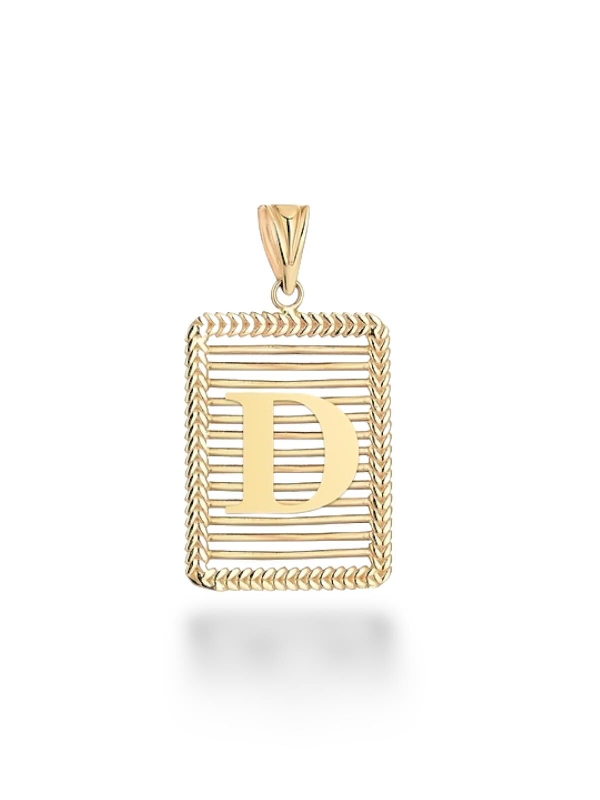 D Harfi Taşsız Izgara Modeli 14 Ayar Altın Harfli Kolye Ucu Uç