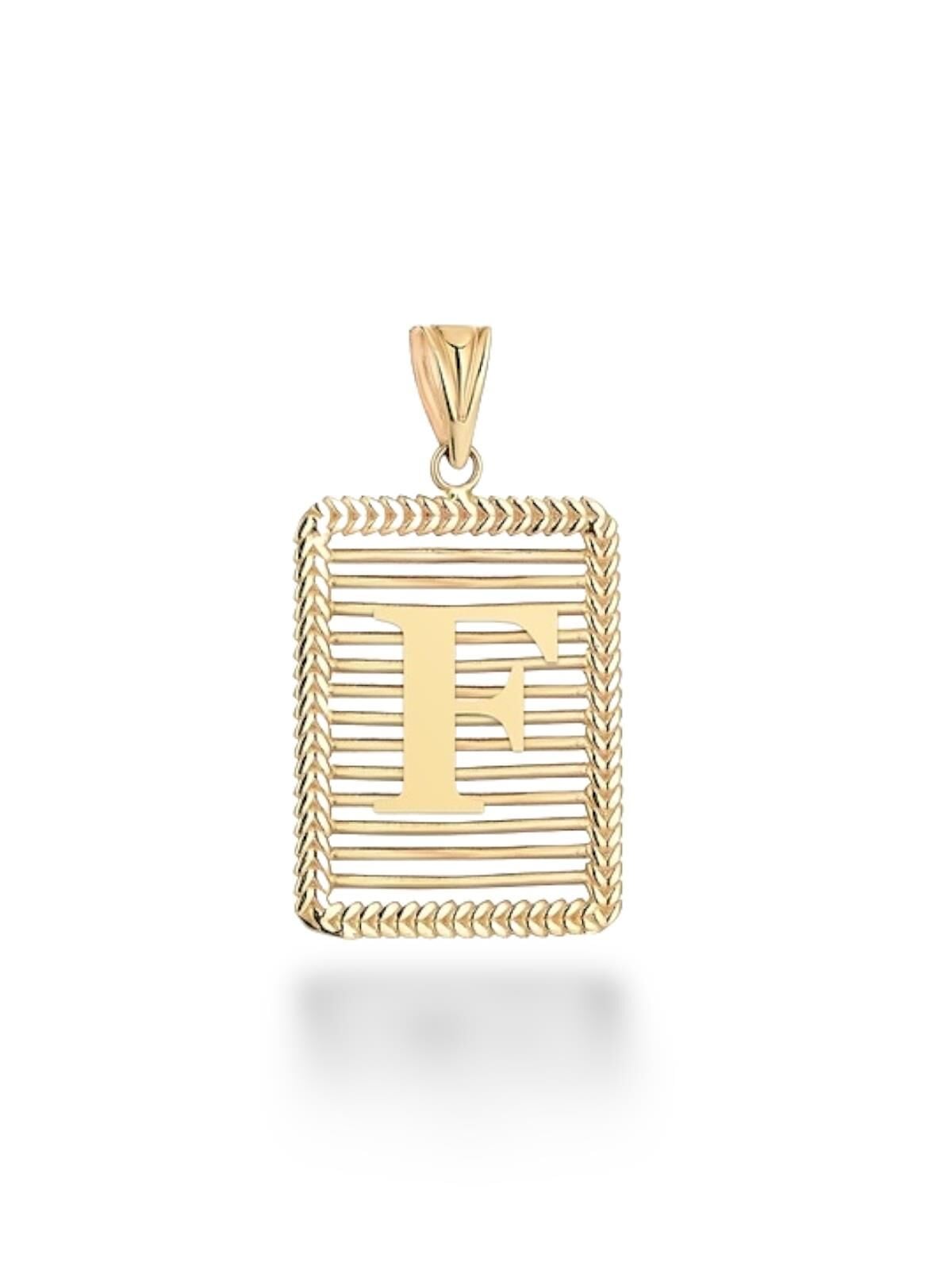 F Harfi Taşsız Izgara Modeli 14 Ayar Altın Harfli Kolye Ucu Uç