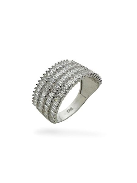 Dört Sıra Baget Zirkon Pırlanta Montür Yarım Tur Beyaz Altın Yüzük